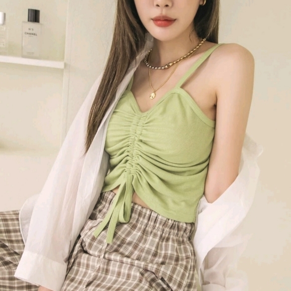 Dazy Adjustable Rouched Drawstring Tank Sage Green - Picture 3 of 14